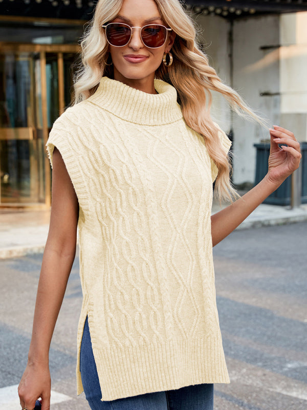 Cable Knit Turtleneck Vest Sweater Jumper with Side Slits Vests