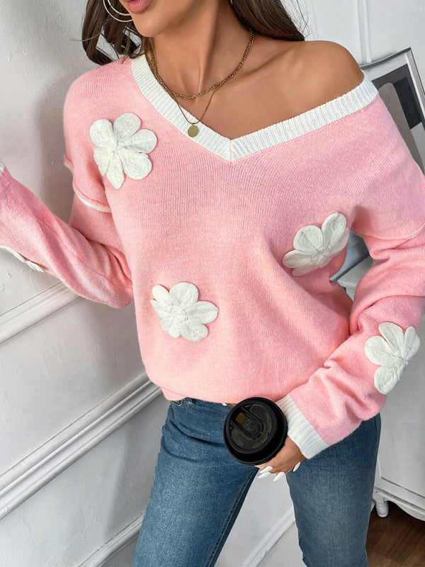 Romantic Applique Knit Sweater Floral V-Neck Jumper Sweaters