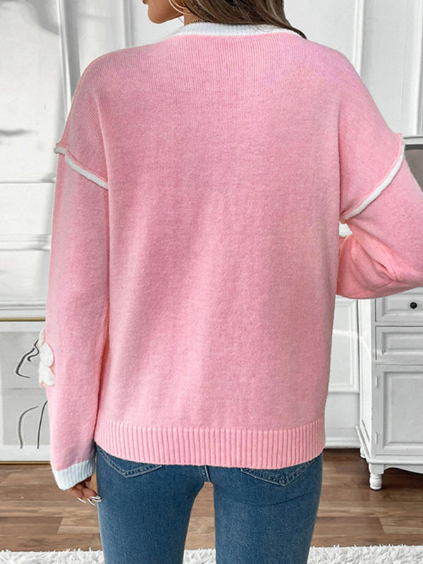 Romantic Applique Knit Sweater Floral V-Neck Jumper Sweaters