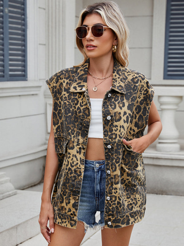 Leopard Print Oversized Denim Vest Waistcoat Waistcoat