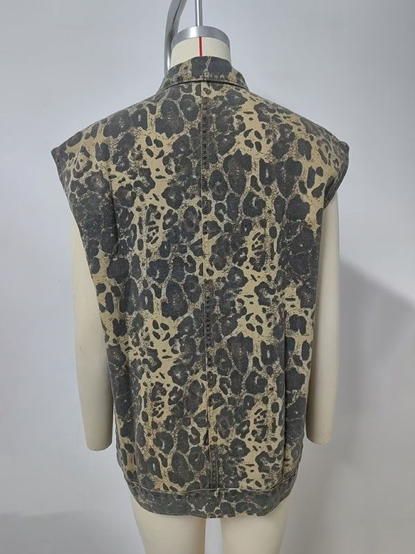 Leopard Print Oversized Denim Vest Waistcoat Waistcoat