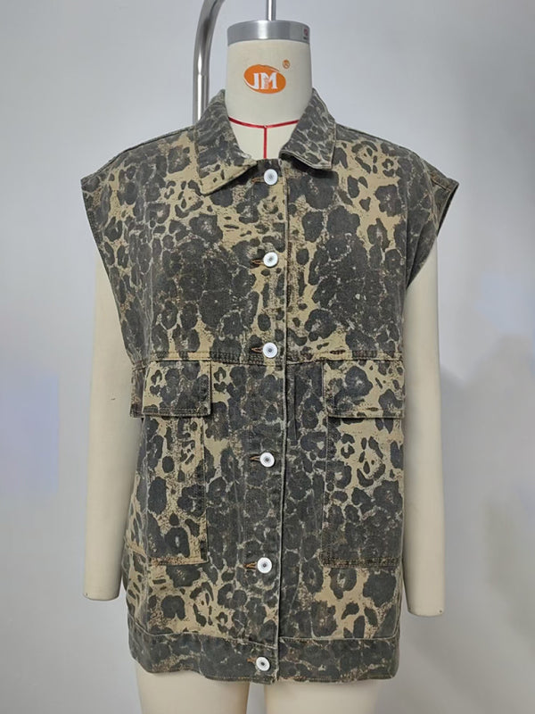 Leopard Print Oversized Denim Vest Waistcoat Waistcoat