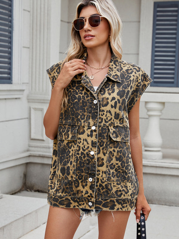 Leopard Print Oversized Denim Vest Waistcoat Waistcoat