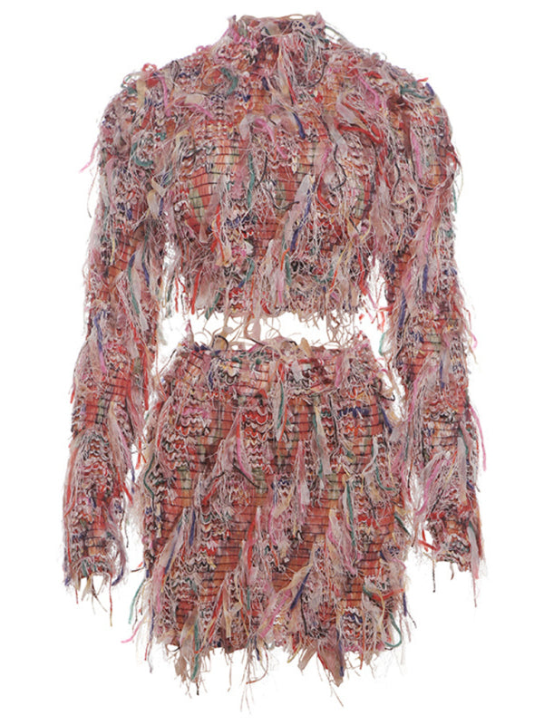 Fringed Mini Skirt and Crop Top Set for Festive Nights Party