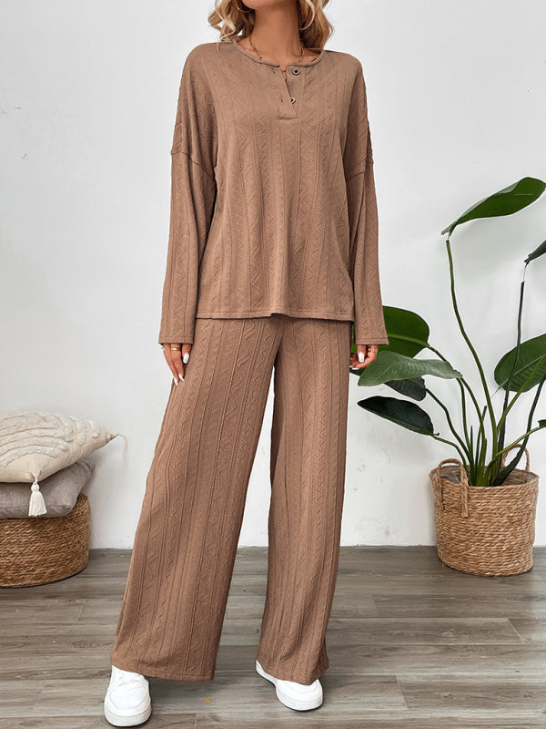 Casual Oversized Textured Set for Women Henley Top & Pants Casual