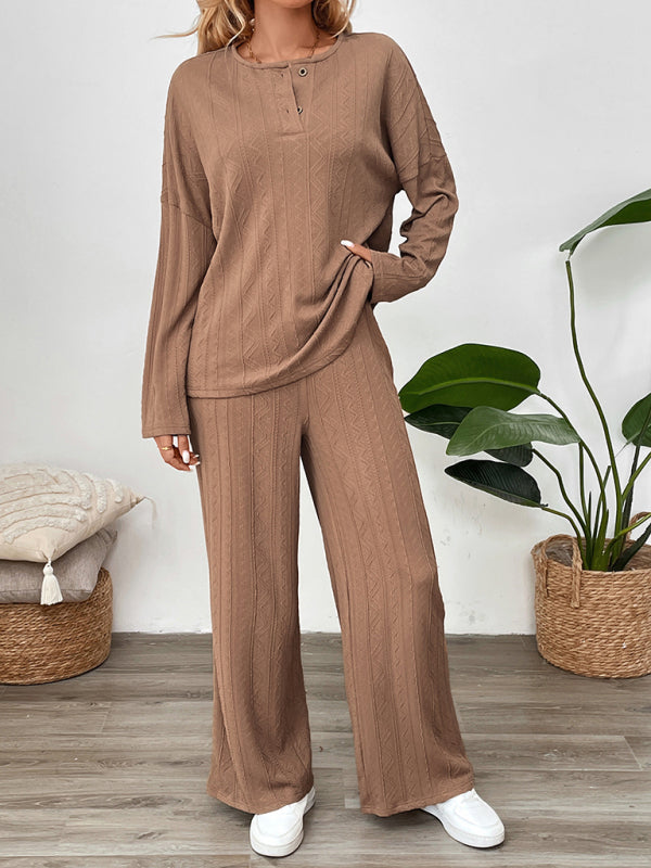 Casual Oversized Textured Set for Women Henley Top & Pants Casual