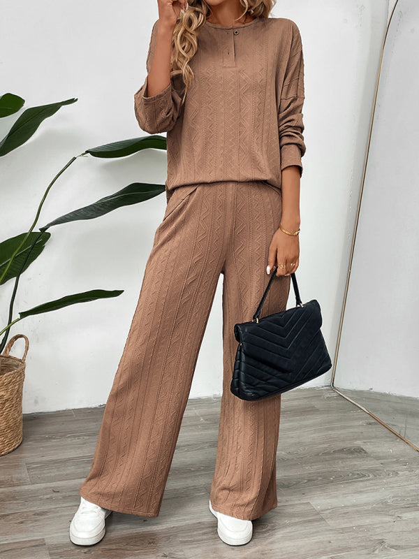 Casual Oversized Textured Set for Women Henley Top & Pants Casual