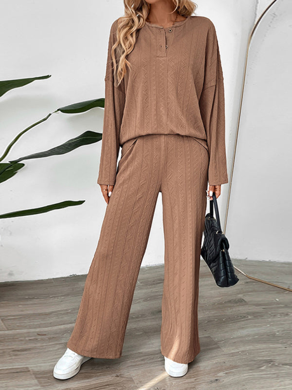 Casual Oversized Textured Set for Women Henley Top & Pants Casual