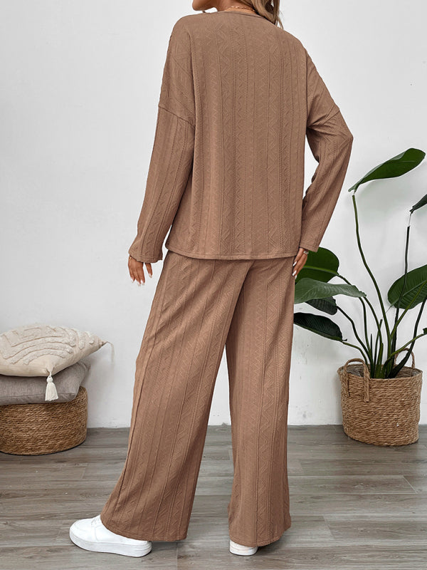 Casual Oversized Textured Set for Women Henley Top & Pants Casual