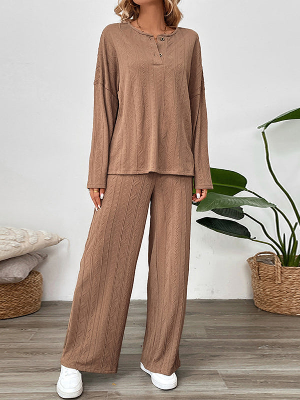 Textured Casual Set - Henley Top & Loose Pants	