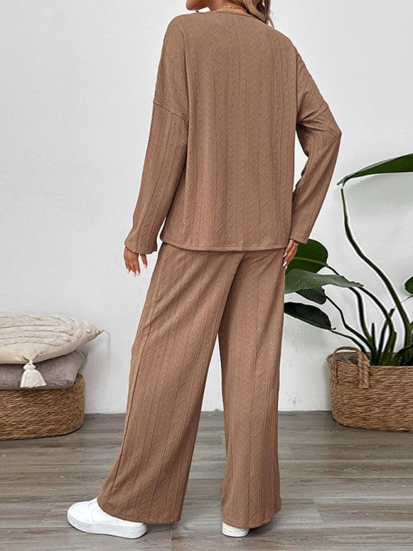 Casual Oversized Textured Set for Women Henley Top & Pants Casual