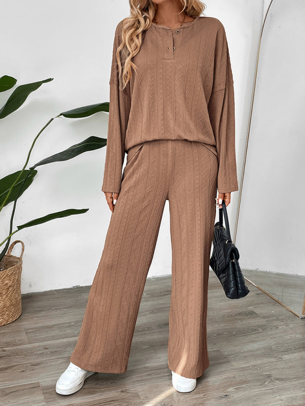 Casual Oversized Textured Set for Women Henley Top & Pants Casual