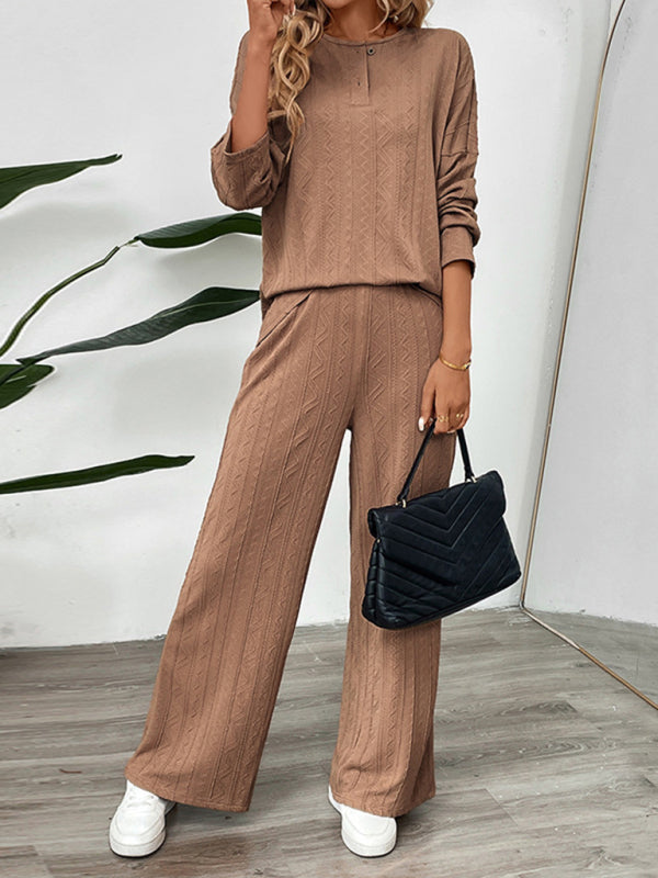 Casual Oversized Textured Set for Women Henley Top & Pants Casual