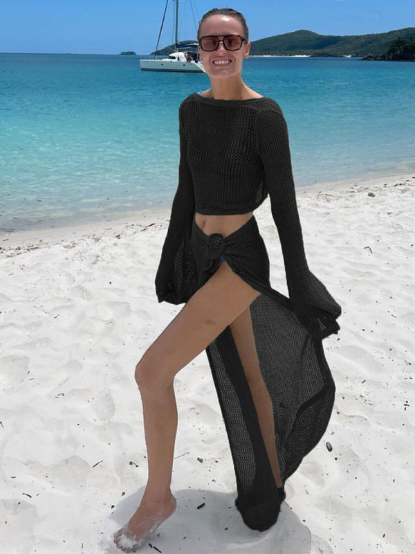 Mesh Beach Cover-Up for Vacation Skirt and Tie Top in Knit