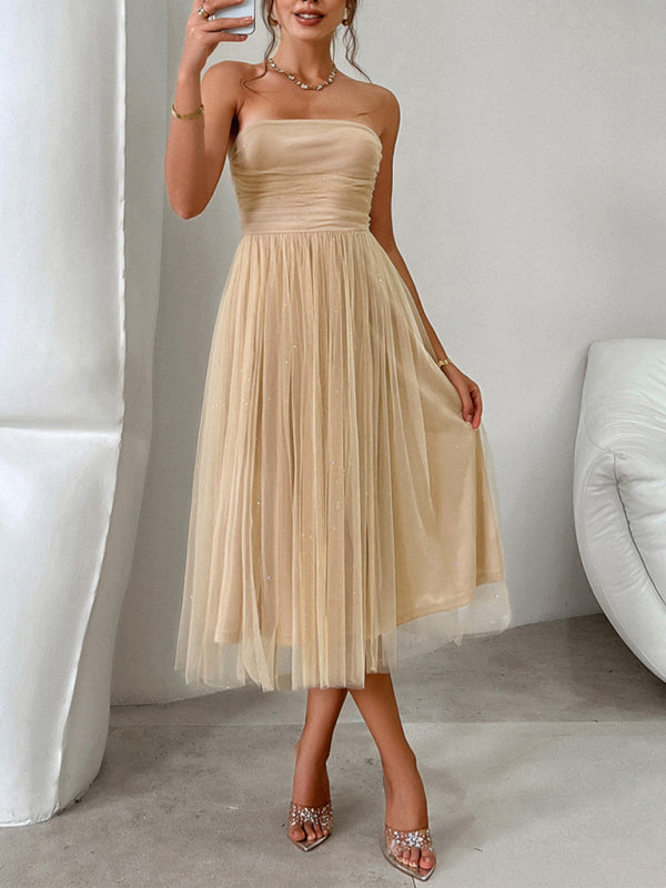 Strapless Flare Midi Dress with Sparkly Overlay LBD Tube Dresses