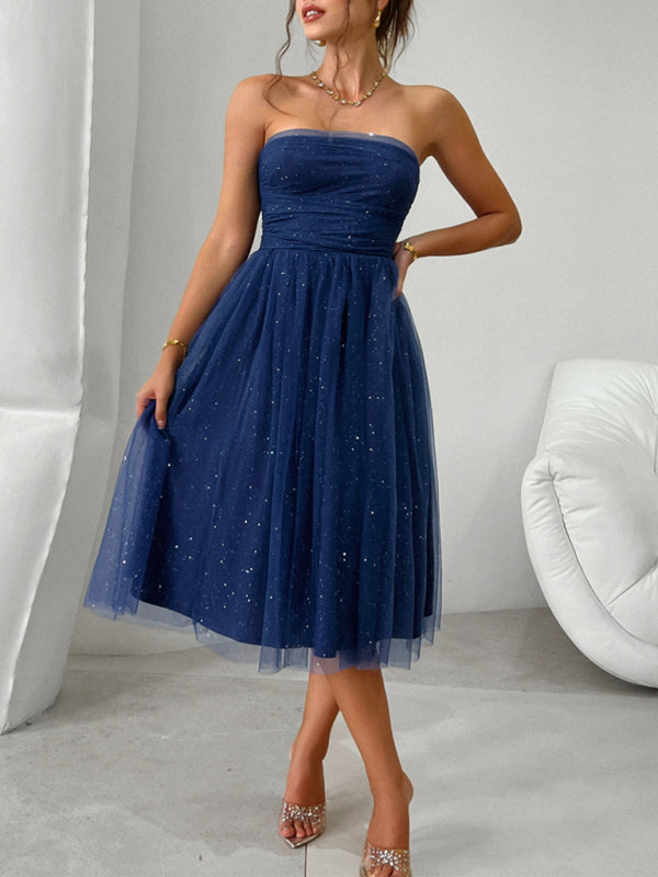 Strapless Flare Midi Dress with Sparkly Overlay LBD Tube Dresses