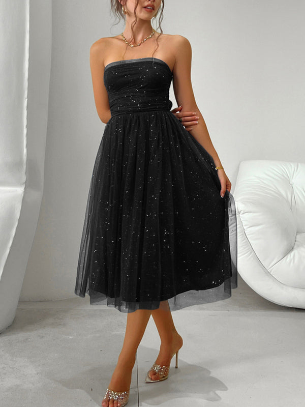 Strapless Flare Midi Dress with Sparkly Overlay LBD Tube Dresses