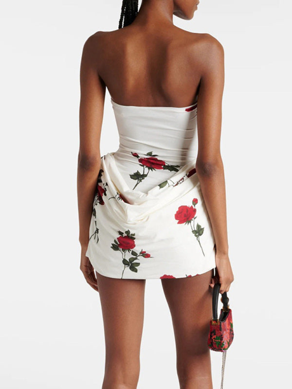 Wedding Guest Floral Mini Dress with Draped Skirt Tube Dresses