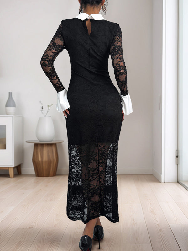 Elegant Black Lace Mermaid Cocktail Dress Preppy-Collar Gown