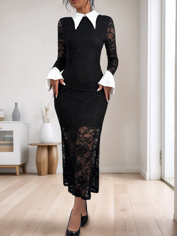 Elegant Black Lace Mermaid Cocktail Dress Preppy-Collar Gown