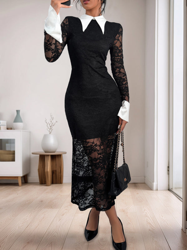 Elegant Black Lace Mermaid Cocktail Dress Preppy-Collar Gown