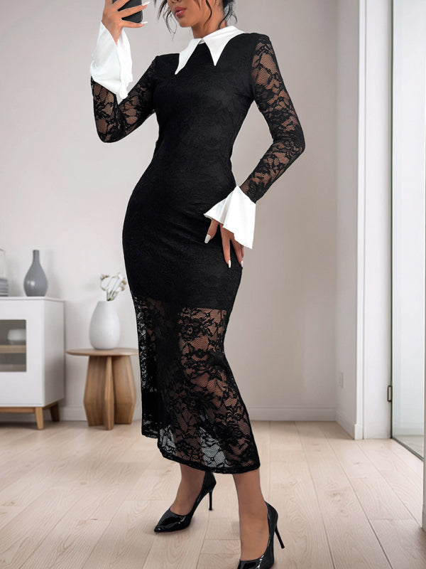 Black Lace Mermaid Dress with White Collar for Evening Events	