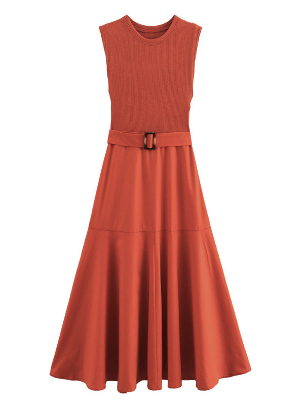 Mid-Century Inspired Sleeveless Terracotta Belted Midi Dress