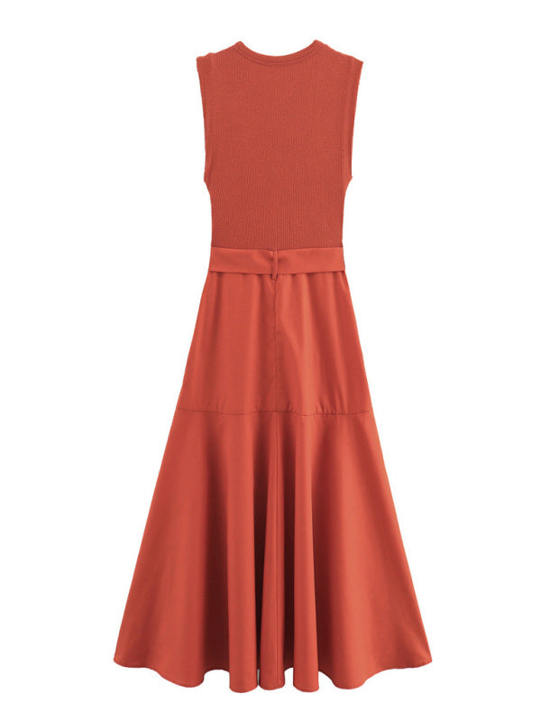 Mid-Century Inspired Sleeveless Terracotta Belted Midi Dress