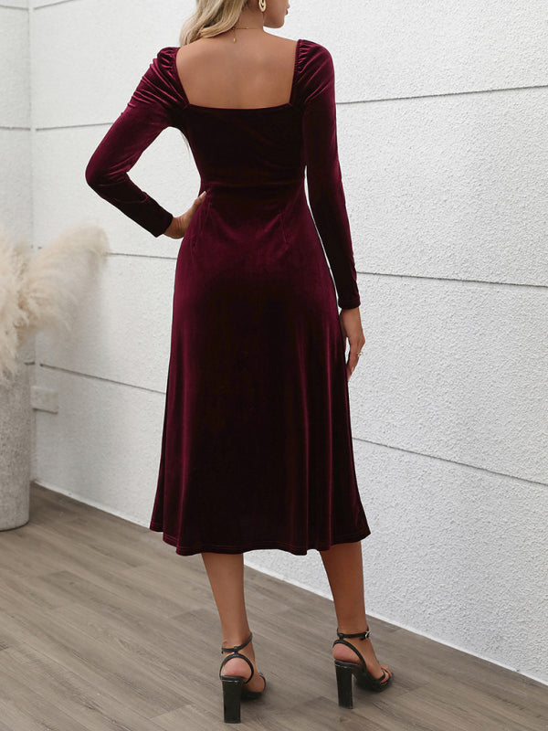 Classic Hollywood Elegant Burgundy Midi Dress Velvet Dresses