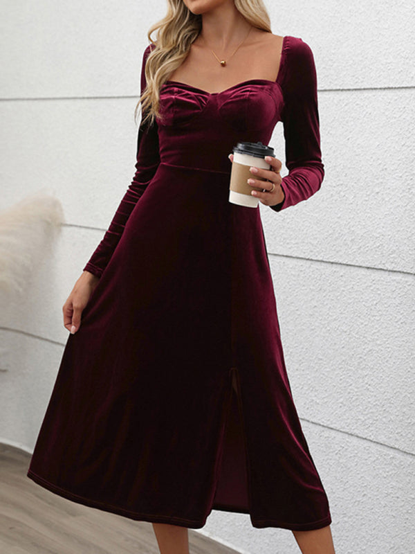 Classic Hollywood Elegant Burgundy Midi Dress Velvet Dresses