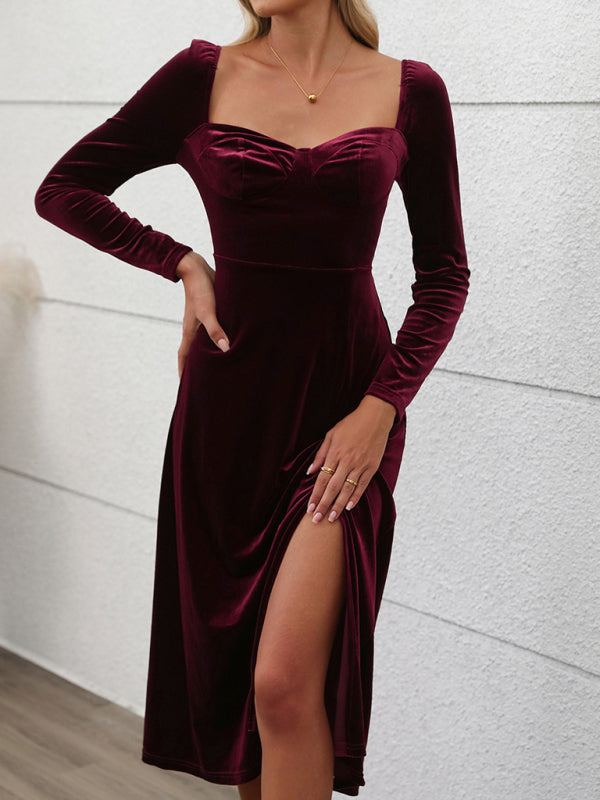 Classic Hollywood Elegant Burgundy Midi Dress Velvet Dresses