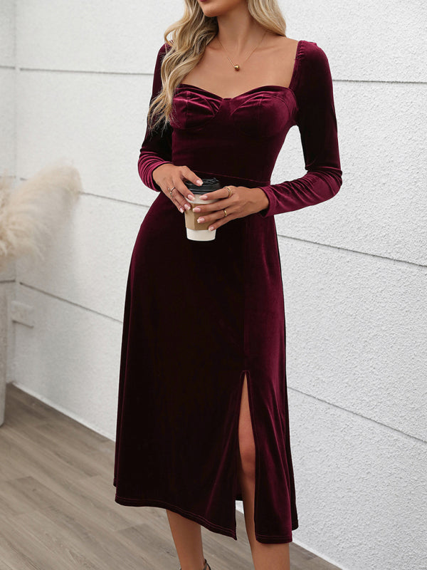 Classic Hollywood Elegant Burgundy Midi Dress Velvet Dresses