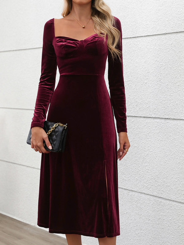 Classic Hollywood Elegant Burgundy Midi Dress Velvet Dresses