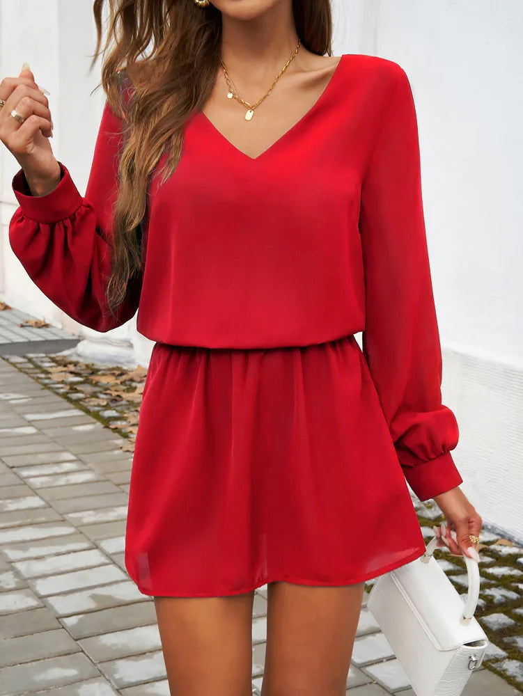 Minimalist V-Neck Bishop Sleeve Dress Mini Dresses