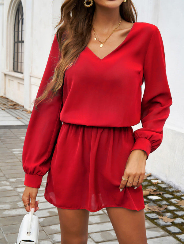 V-Neck Bishop Sleeve Dress with Cut-Out Detail	