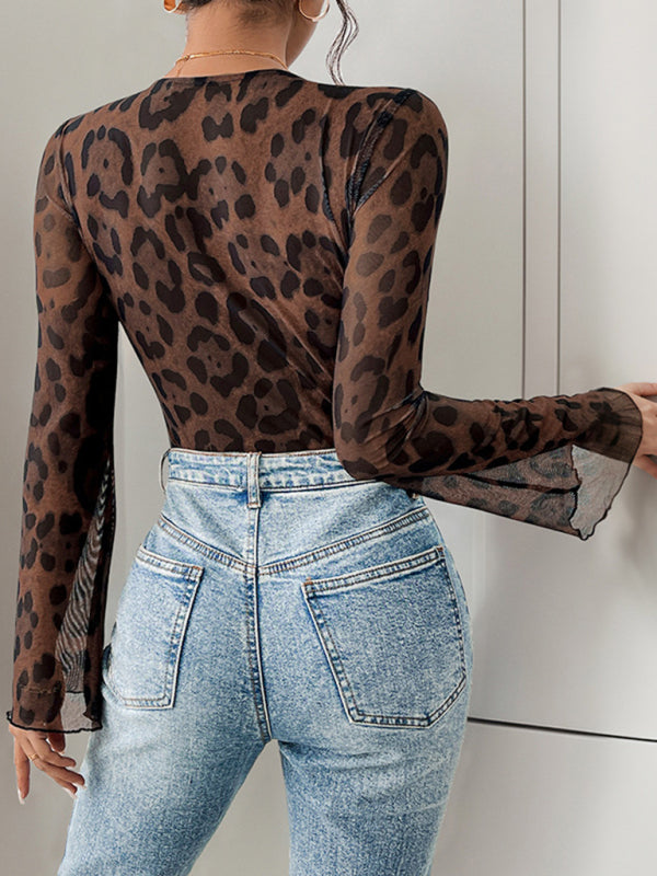 Elegant Leopard Lace Bodysuit Retro Flair Top Bodysuits