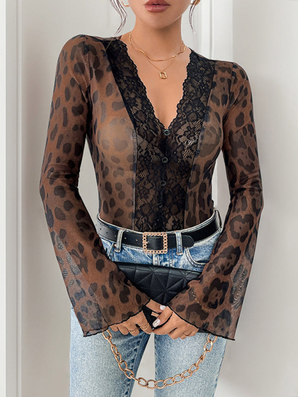 Elegant Leopard Lace Bodysuit Retro Flair Top Bodysuits