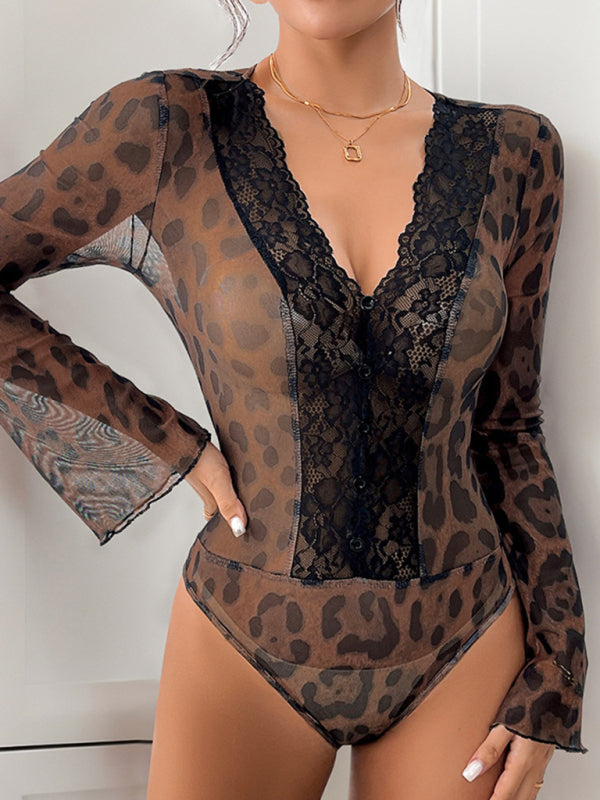 Elegant Leopard Lace Bodysuit Retro Flair Top Bodysuits