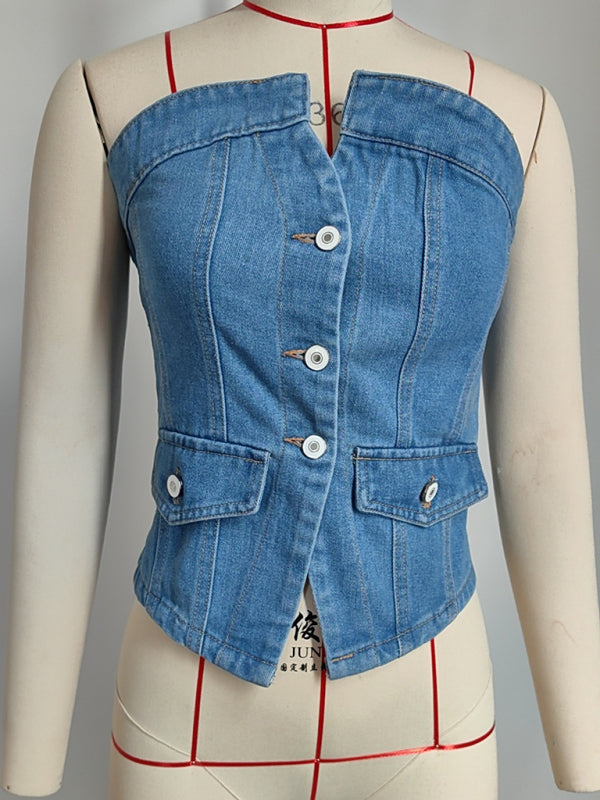 Denim-Inspired Strapless Top Tube Tops