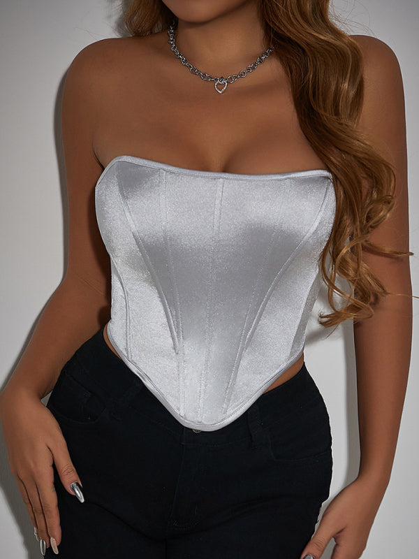 Victorian Inspired Satin Corset Strapless Top Tube Tops