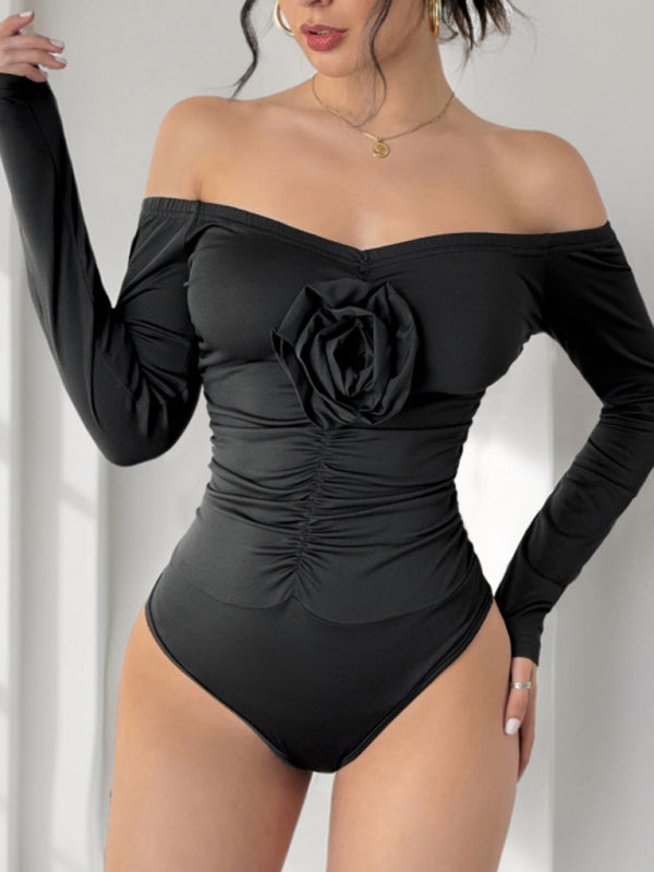 Floral Applique Off-Shoulder Bodysuit for Cocktail Parties