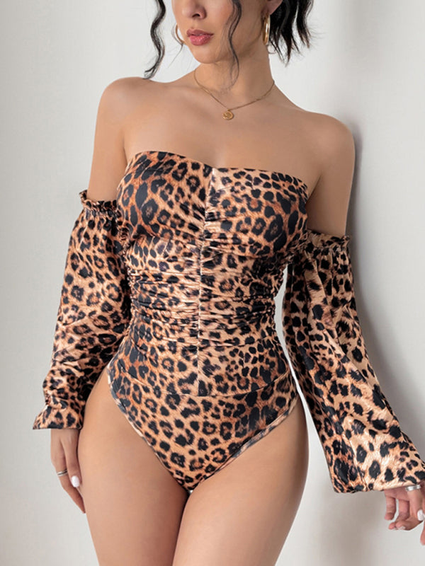 Leopard Print Off-Shoulder Bodysuit with Dramatic Sleeves