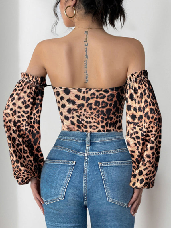 Leopard Print Off-Shoulder Bodysuit with Dramatic Sleeves