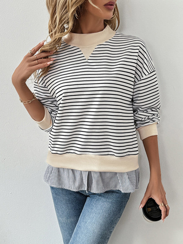 Striped Mock Neck Top Pullover with Layered Hem Pullovers