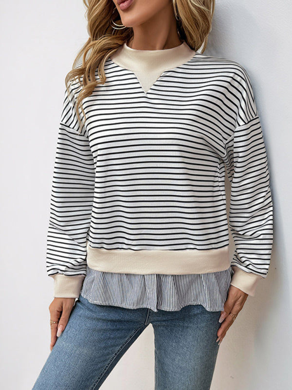 Striped Mock Neck Top Pullover with Layered Hem Pullovers