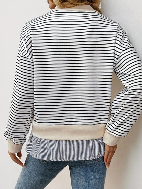 Striped Mock Neck Top Pullover with Layered Hem Pullovers