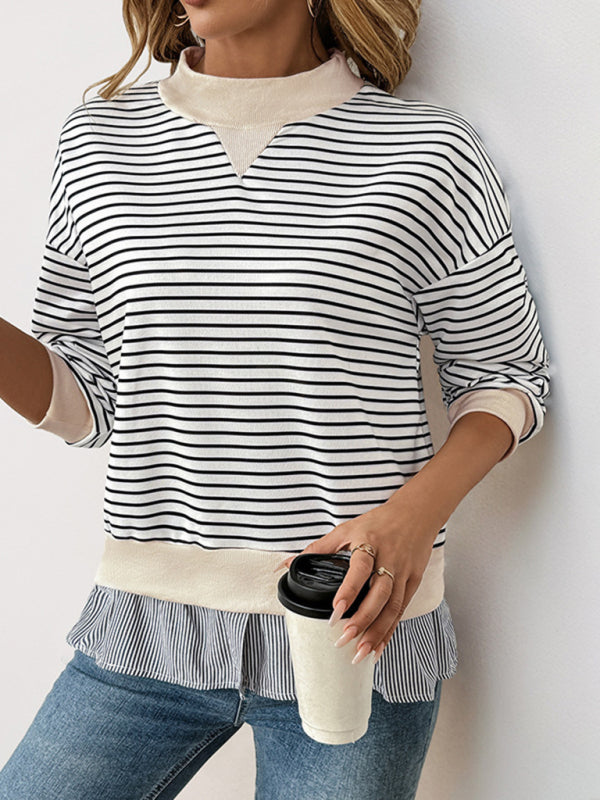 Striped Mock Neck Top with Layered Hem	