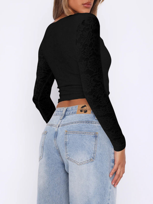 Sheer Long Sleeve Lace Blouse Crop Top Lace Tops