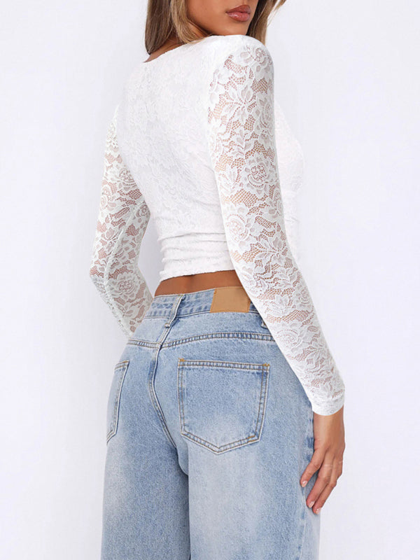 Sheer Long Sleeve Lace Blouse Crop Top Lace Tops