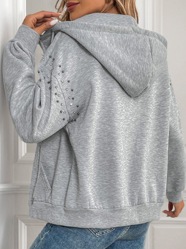 Heather-Gray Studded Hooded Jacket for Casual Days Cardigans